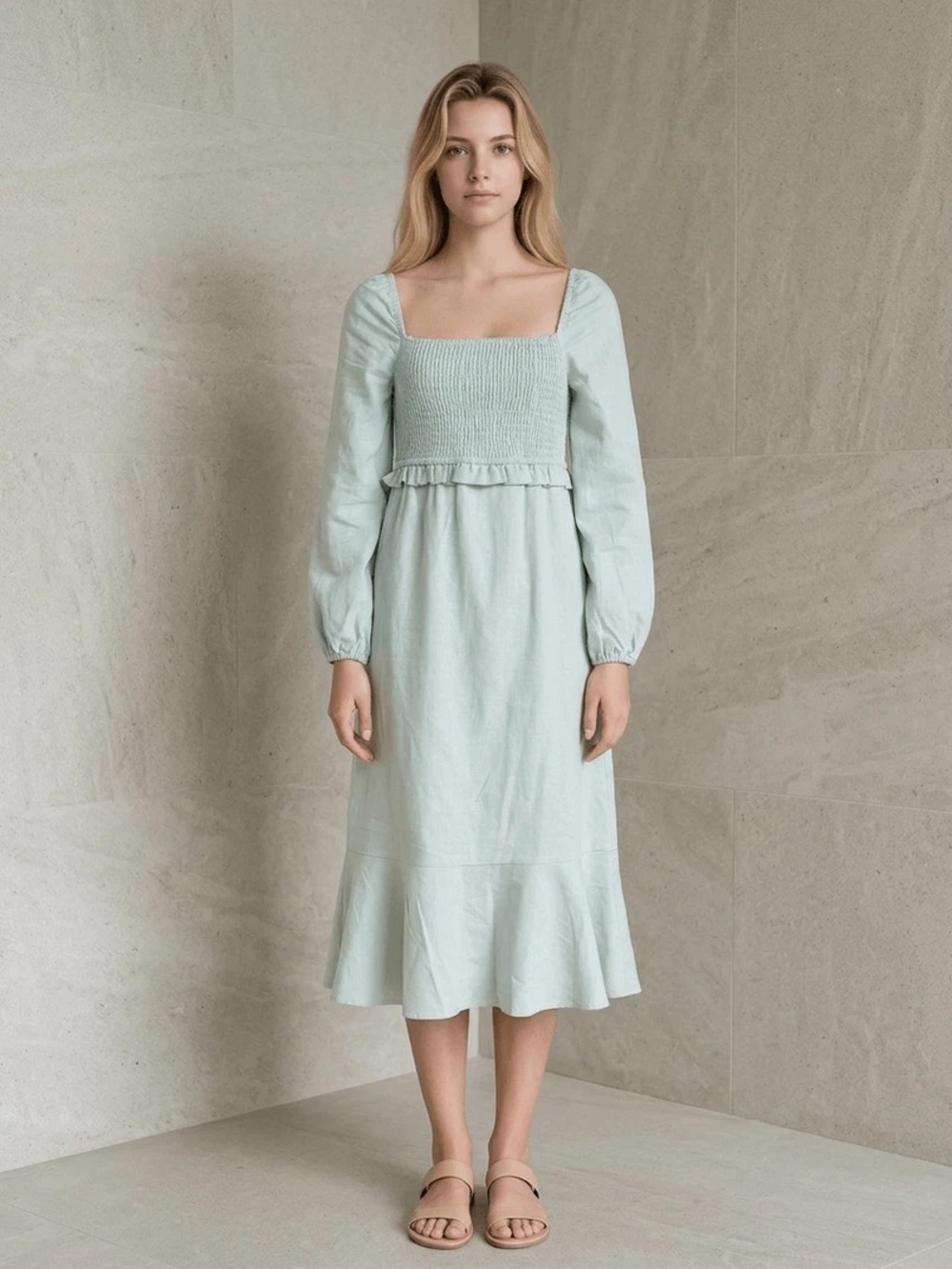 7 For All Mankind Smocked Square-Neck Midi Dress in light baby blue